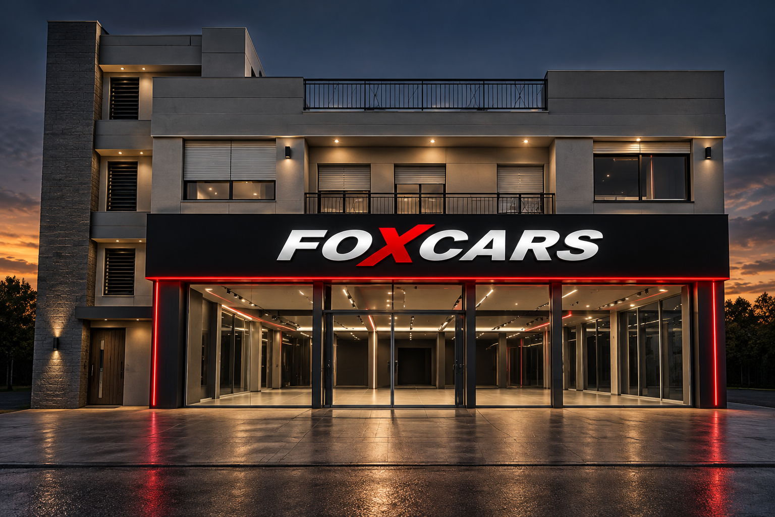 Visualización de la fachada de FoXcars, con su cartel y acceso al salón