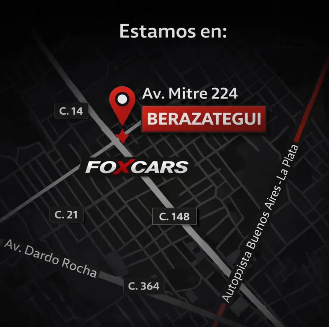 Mapa de ubicación de FoXcars en Av. Mitre 224, Berazategui, con referencias a calle 14, calle 21 y Autopista Buenos Aires–La Plata